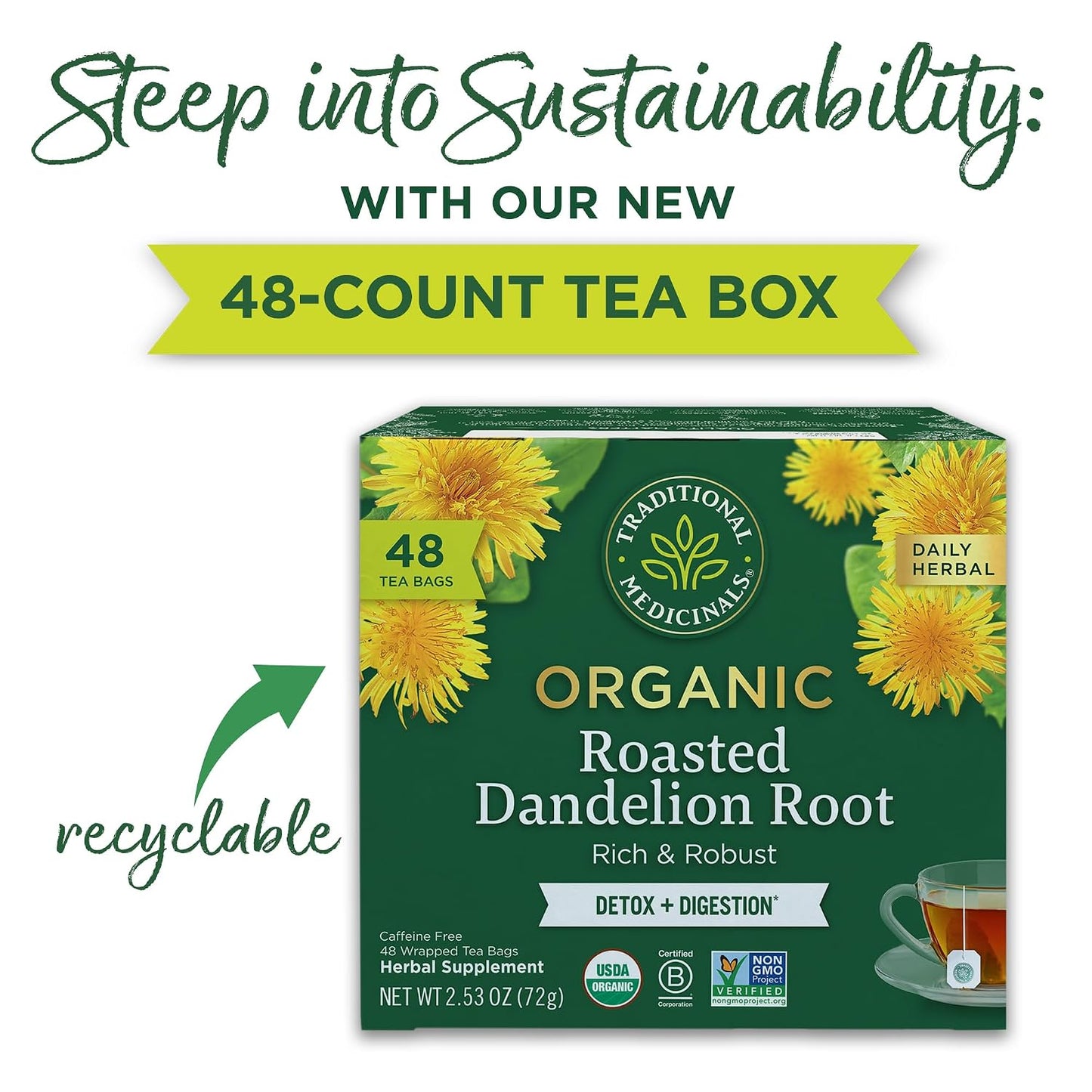 Traditional Medicinals Organic, Dandelion Leaf & Root - Dandelion Root Tea, Supports Normal Detox + Digestion - Kosher, Non-GMO, Caffeine-Free, Compostable - 96 Tea Bags (6 Packs of 16)