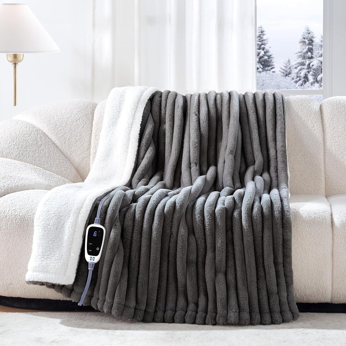 Sealy Electric Blanket Throw Size 50"*60",Super Cozy Faux Fur to Sherpa Reversible Heated Blanket Throw with 6 Heating Levels & 2-10 Hours Auto Off Overheating Protection Machine Washable,Blue White