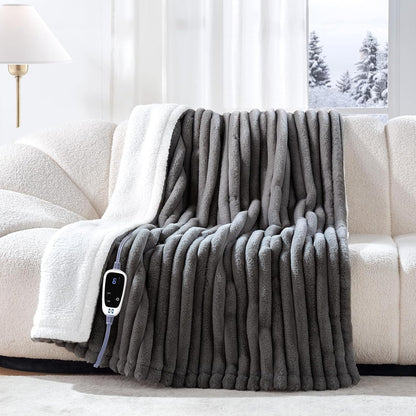 Sealy Electric Blanket Throw Size 50"*60",Super Cozy Faux Fur to Sherpa Reversible Heated Blanket Throw with 6 Heating Levels & 2-10 Hours Auto Off Overheating Protection Machine Washable,Blue White