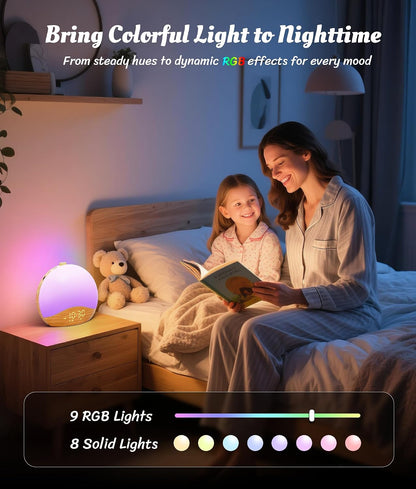 ecozy Sunrise Alarm Clock, White Noise Sound Machine, Alarm Clock for Bedrooms, 26 Soothing Sounds, 17 Night Lights, Bluetooth Speaker, Sunrise Wake-Up Light for Heavy Sleepers, Adults, Kids
