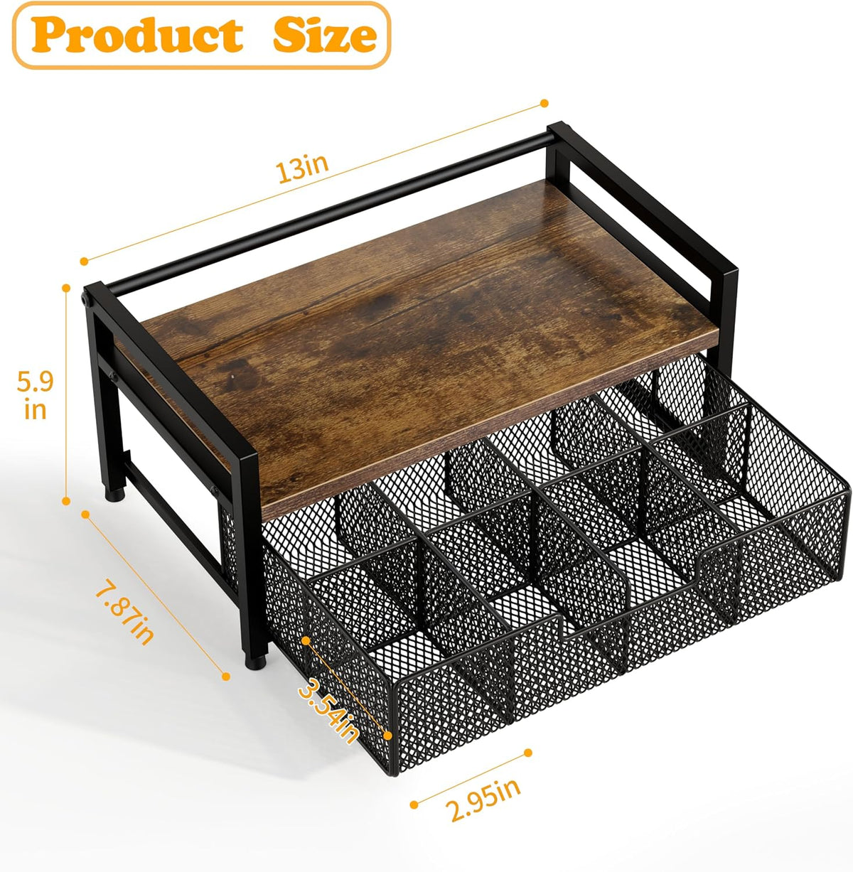 Tea Bag Organizer, Tea Bag Holder with Drawer, Wood and Metal Tea Organizers and Storage Chest for Countertop Kitchen, Office, Rustic Brown