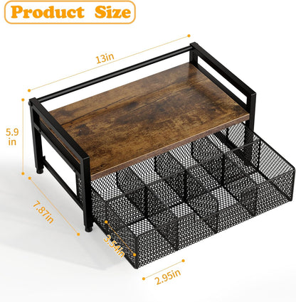 Tea Bag Organizer, Tea Bag Holder with Drawer, Wood and Metal Tea Organizers and Storage Chest for Countertop Kitchen, Office, Rustic Brown