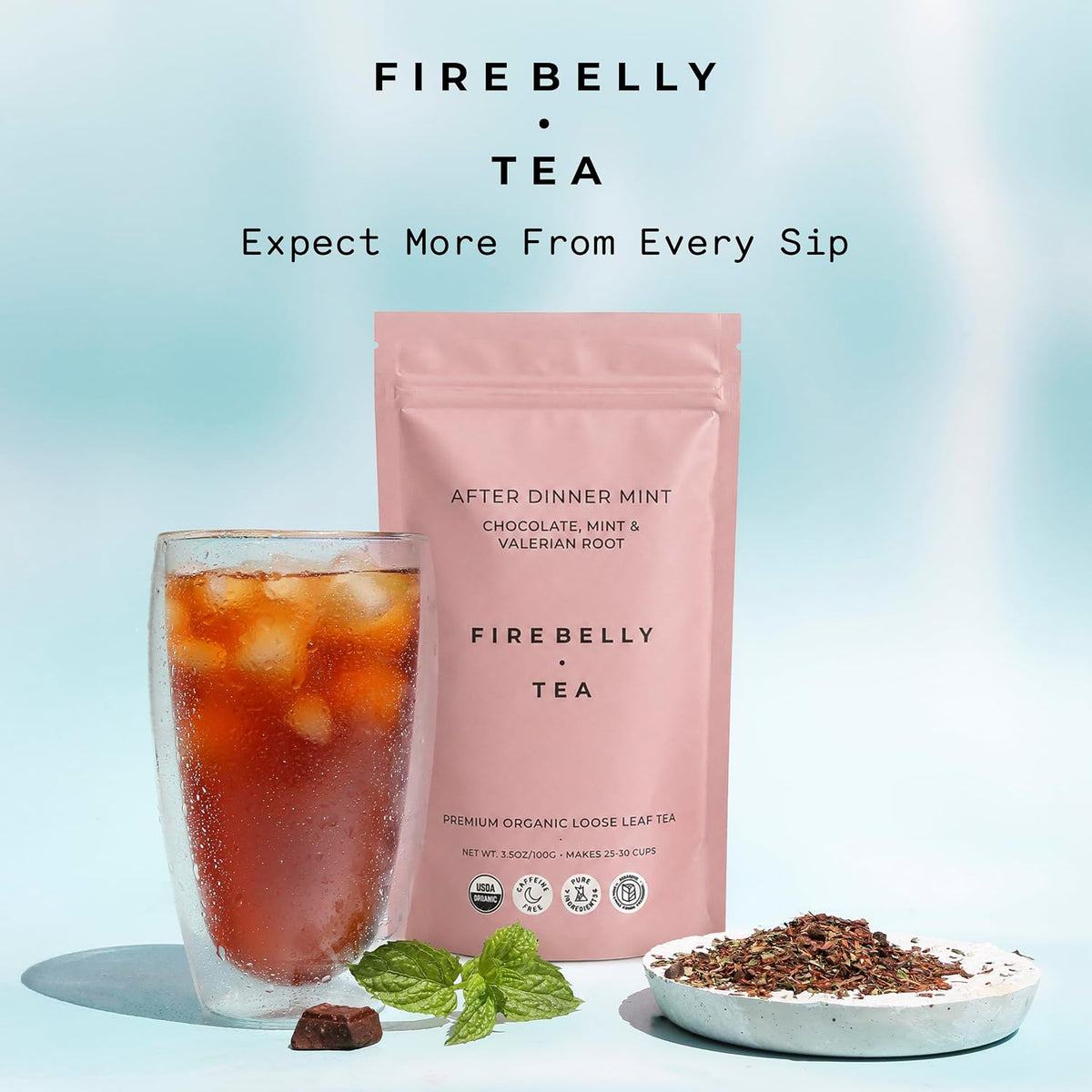 Firebelly Tea After Dinner Mint, Organic Chocolate & Mint Tea with Valerian Root, Loose Leaf Herbal Tea, Caffeine-Free, Chocolate Mint Tea for Your Evening Routine, 3.5 oz, Pack of 1