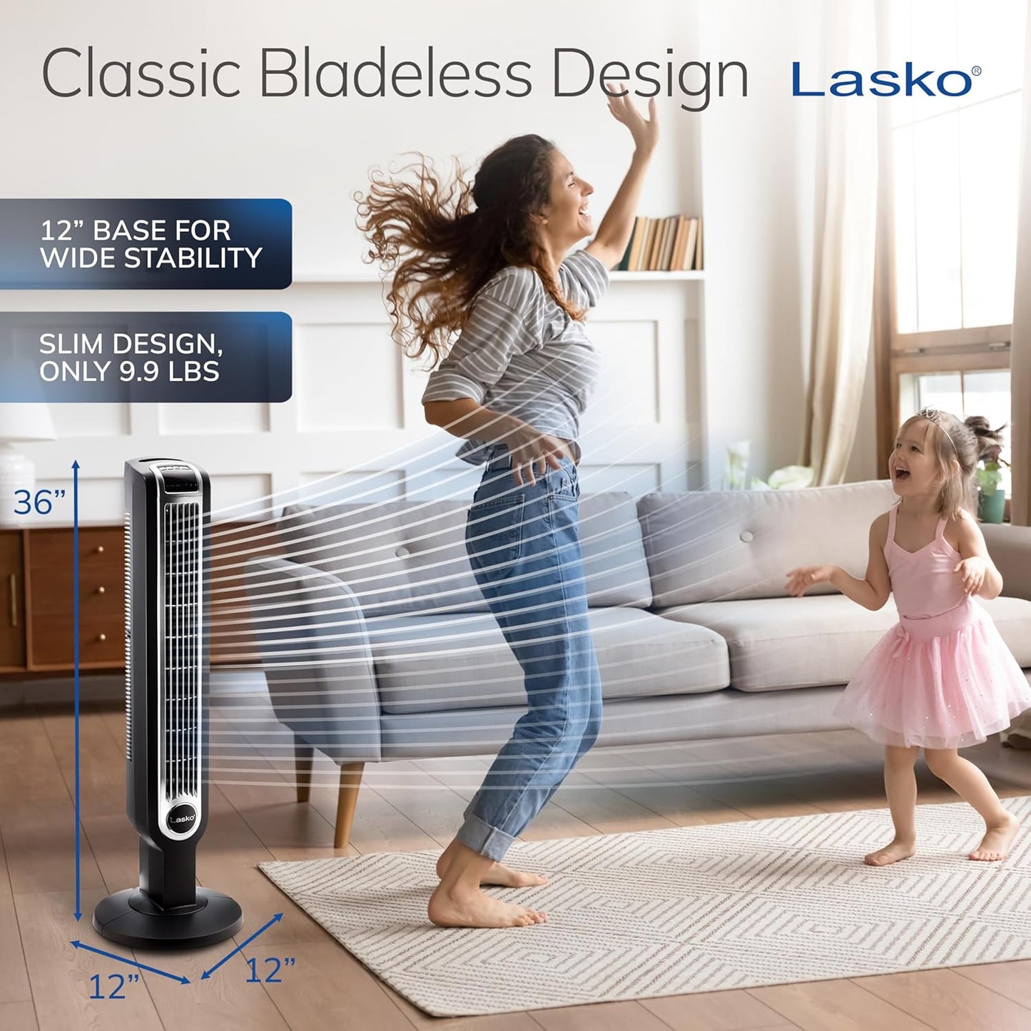 Lasko Oscillating Tower Fan with Remote Control and Timer - Quiet Standing Fan for Bedroom, Office, and Home - 3 Speeds - Powerful Cooling Air - 2510 - 36" Tall - White