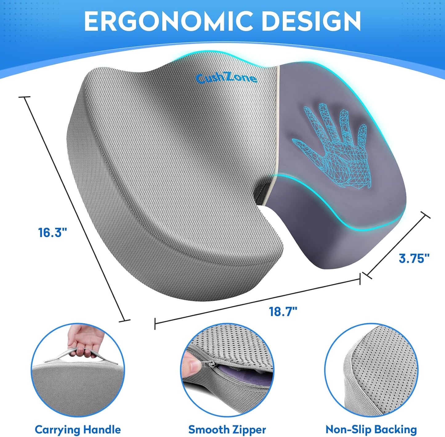 CushZone Seat Cushion - Memory Foam Office Chair Cushion for Sciatica, Tailbone & Back Pain Relief - Orthopedic Coccyx Pillow for Car, Airplane, Pregnancy & Long Sitting at Work, Black