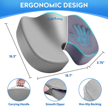 CushZone Seat Cushion - Memory Foam Office Chair Cushion for Sciatica, Tailbone & Back Pain Relief - Orthopedic Coccyx Pillow for Car, Airplane, Pregnancy & Long Sitting at Work, Black