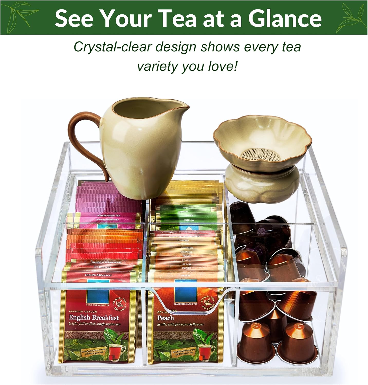 Heavy-Duty Acrylic Tea Bag Organizer, 8-Compartment Storage Box | Perfect Organizer: 8-compartment design keeps tea bags and coffee pods neatly sorted, saving space on your countertop.