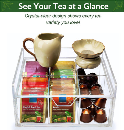 Heavy-Duty Acrylic Tea Bag Organizer, 8-Compartment Storage Box | Perfect Organizer: 8-compartment design keeps tea bags and coffee pods neatly sorted, saving space on your countertop.
