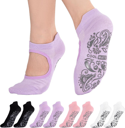 COOLMATE Pilates Socks with Grips for Women, Yoga Socks, Crew Non Slip Women for Barre, Pilates Gifts for Women - Colors B