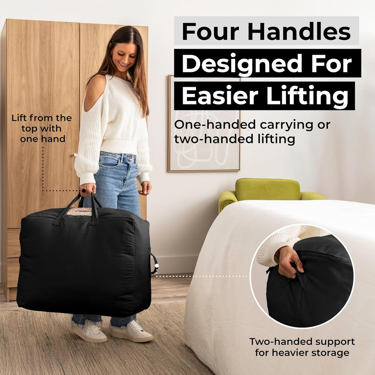 Soft Canvas Storage Bags with Zipper. Thick Breathable, 2pc King/Queen Comforter Organizer. Four Carrying Handles and Window. Large 25x19x9in Bag for Sheets Blankets Bedding Pillows, Clothes