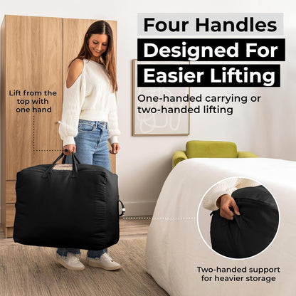 Soft Canvas Storage Bags with Zipper. Thick Breathable, 2pc King/Queen Comforter Organizer. Four Carrying Handles and Window. Large 25x19x9in Bag for Sheets Blankets Bedding Pillows, Clothes