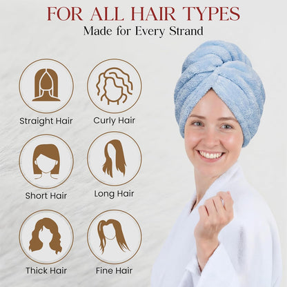 3 Pack Microfiber Hair Towel Wrap for Women 26 x 10 in | Hair Drying Towel with Button |Hair Turban Towel Quick Dry Coral Fleece Head Towels (Pink + Blue + Grey)
