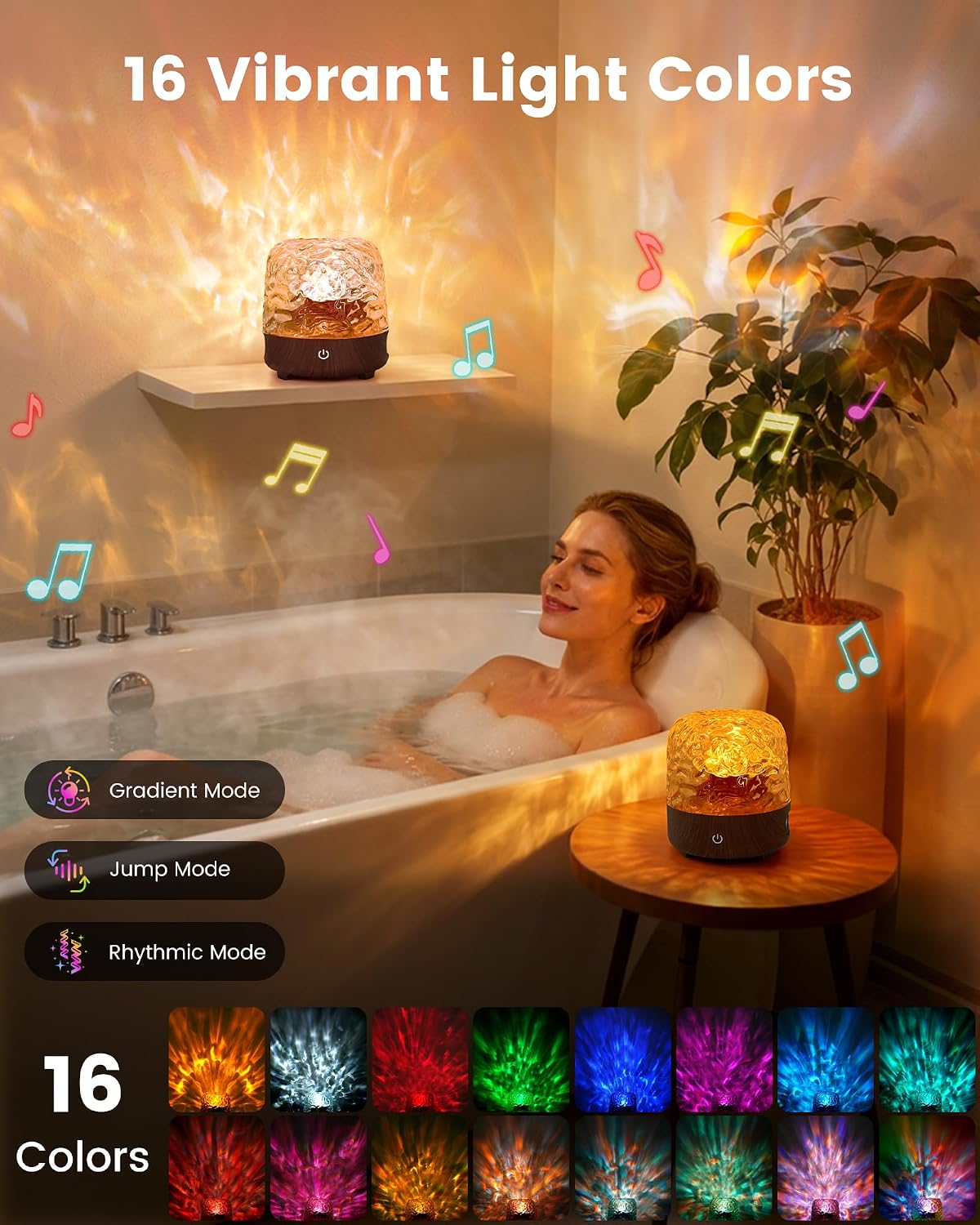 Waterproof Shower Lamp, 16 Colors Ocean Wave Effect Projector Light with Bluetooth Music Speaker for Bedroom Relaxing Shower