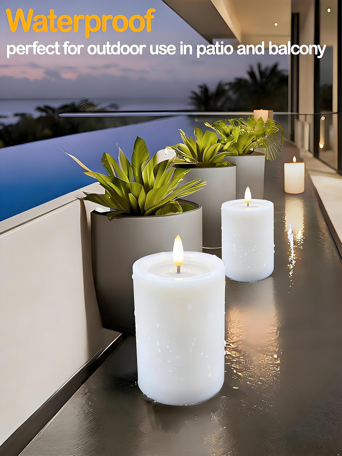 Gmnee 3"x4" Outdoor Waterproof Flameless Candles with Remote and Timers, LED Candles, Battery Operated Candles, Electric Fake Pillar Candles for Patio, Porch, and Lanterns Decor (Ivory, Plastic)