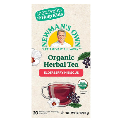 Newman's Own Organic Elderberry Hibiscus Tea Containing Healthy Antioxidants with 20 Individually Wrapped Tea Bags Per Box (Pack of 6) USDA Certified Caffeine Free Brew Hot
