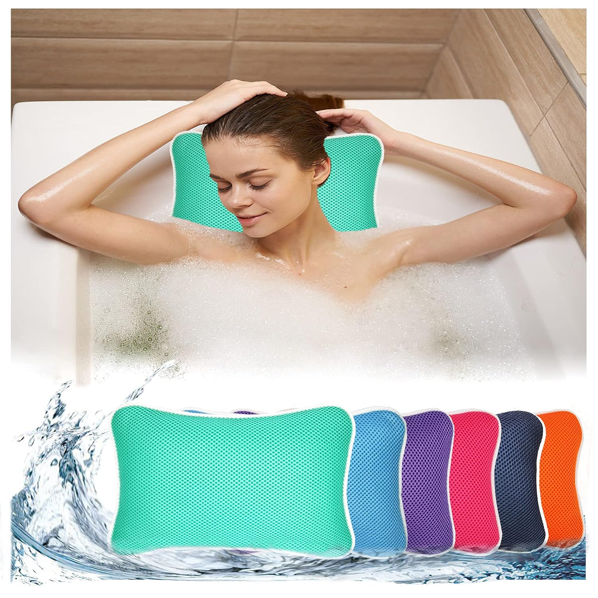 Bathtub Pillow, Non Slip, Breathable Soft, Comfortable Head Neck Support, Machine Washable, 2 Large Suction Cups (White)