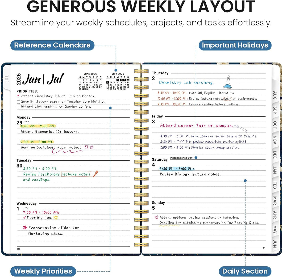 Planner 2026-2027, Jul 2026-Jun 2027 Academic Monthly & Weekly Planner - Colors B