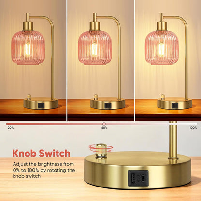 QiMH Industrial Table Lamp for Bedroom Set of 2, Green Glass Beside Lamp with USB A&C Ports, Stepless Dimmable Gold Lamps, Nightstand Lamps for Living Room, Office, Home Decor(Bulb Included)