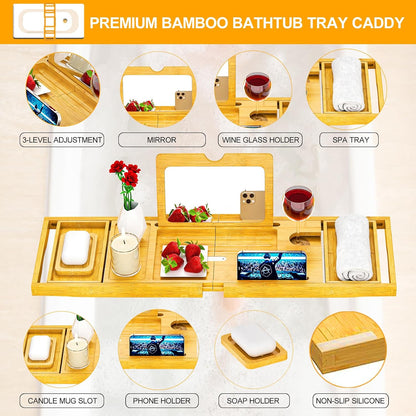 Premium Bamboo Bathtub Tray Caddy - Bath Tub Tray Table for Bathtub - Bath Caddy Tray for Bathtub, Expandable Size, Fits Most Bath Tubs