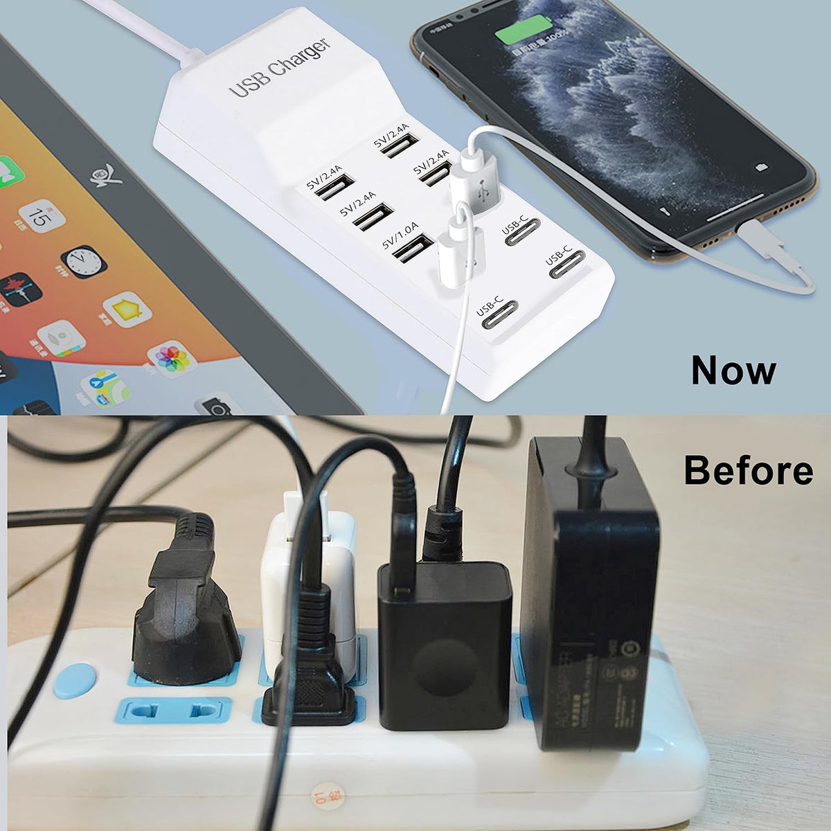 USB Charger,50W USB Charging Station with 10-Port (6 USB-A Port & 4 USB-C Port) Compatible with iPhone 15/14/13/12/11/X/8/7/6 Phones, Watch,Tablets, Smartphones Black