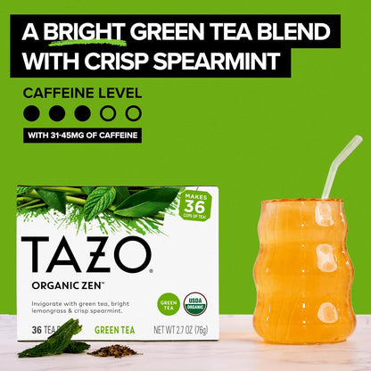 TAZO Organic Zen Green Tea, Caffeinated Tea with Refreshing Lemongrass & Spearmint, 36 Total Bags