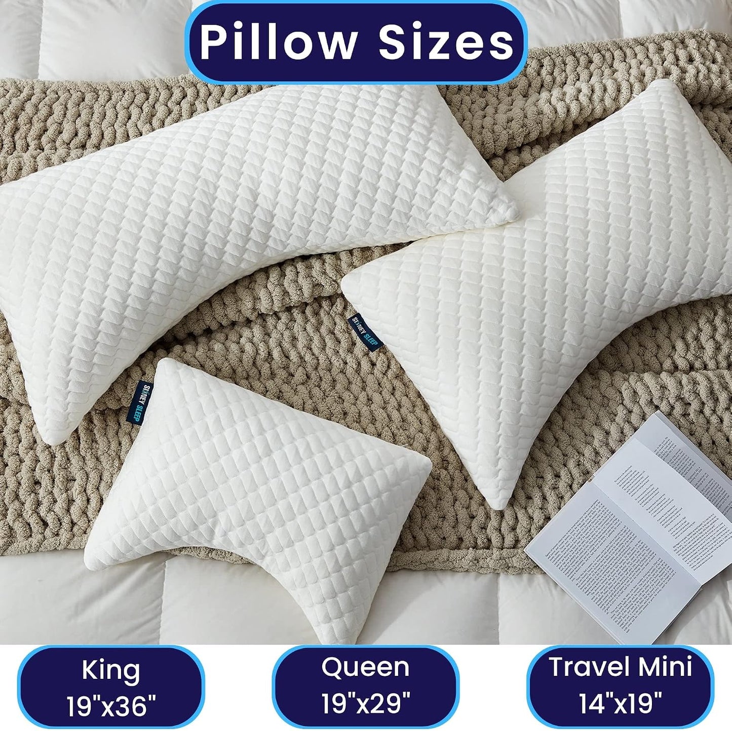 Sidney Sleep Adjustable Curved Pillows for Neck and Shoulder Support with Extra Shredded Fill - Cervical Contour Pillow for Side and Back Sleepers - Queen Size 19" x 29" CertiPUR-US Certified (White)