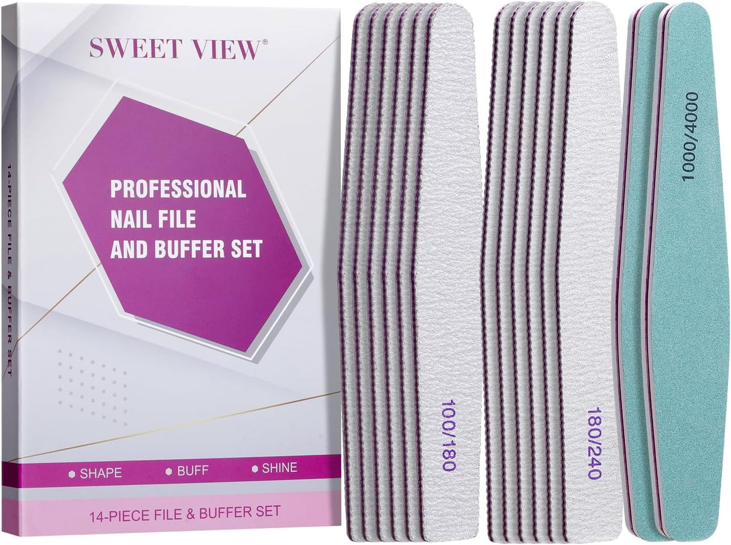 SWEET VIEW 14PCS Nail Files & Buffers for Gel, Acrylic and Natural Nails | Includes 100/180, 180/240 grit Emery Boards & 1000/4000 Buffer Block. For natural, gel or acrylic.