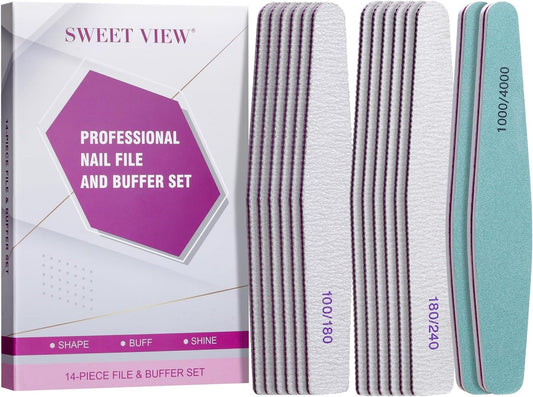 SWEET VIEW 14PCS Nail Files & Buffers for Gel, Acrylic and Natural Nails | Includes 100/180, 180/240 grit Emery Boards & 1000/4000 Buffer Block. For natural, gel or acrylic.