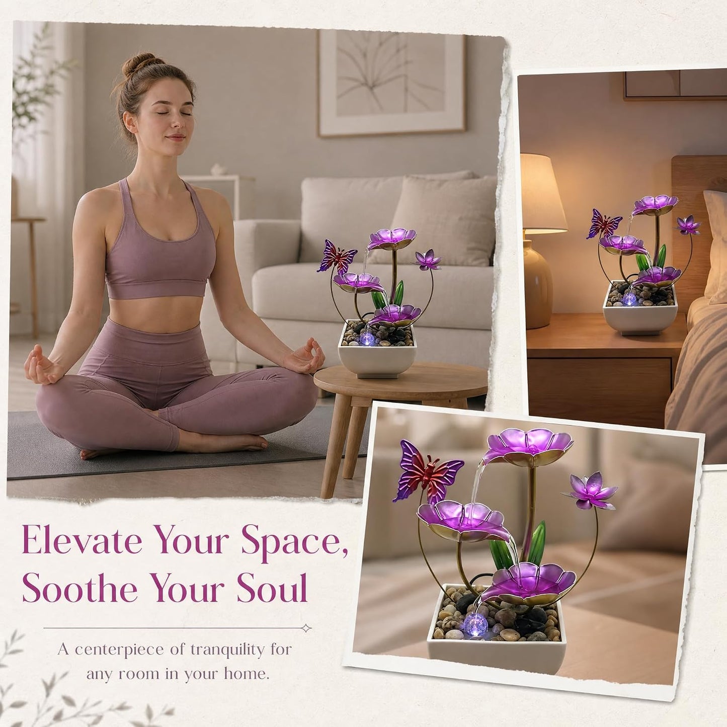 Tabletop Fountain,Indoor Water Fountain,Home Fengshui Décor Zen Relaxation Soothing Sound Machine for Office,Living Room,or Bedroom,Green Lotus,Hummingbird & Pink Flower