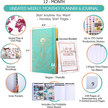 Life Planner - Undated Weekly & Monthly Planner, 12-Month Journey to Increase Productivity | Gratitude Journal, Life Organizer & Goal Journal | Include Foldable Vision Board, Habit Tracker & Stickers