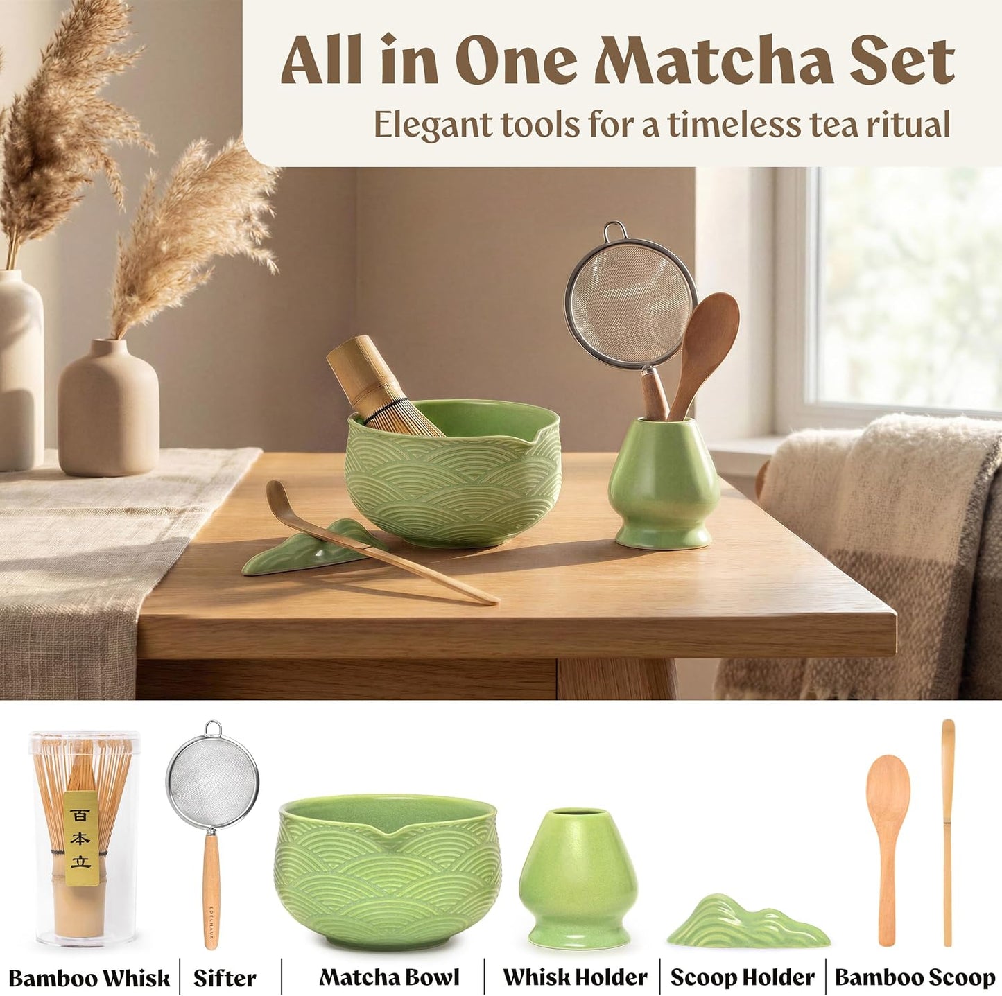 EDELHAUS Matcha Kit Whisk Set (7 Pcs) - Complete Matcha Set, Matcha Bowl with Spout, Whisk with Holder, Bamboo Scoop with Rest and Sifter, Perfect Kit for Matcha Lovers (Green Mist)