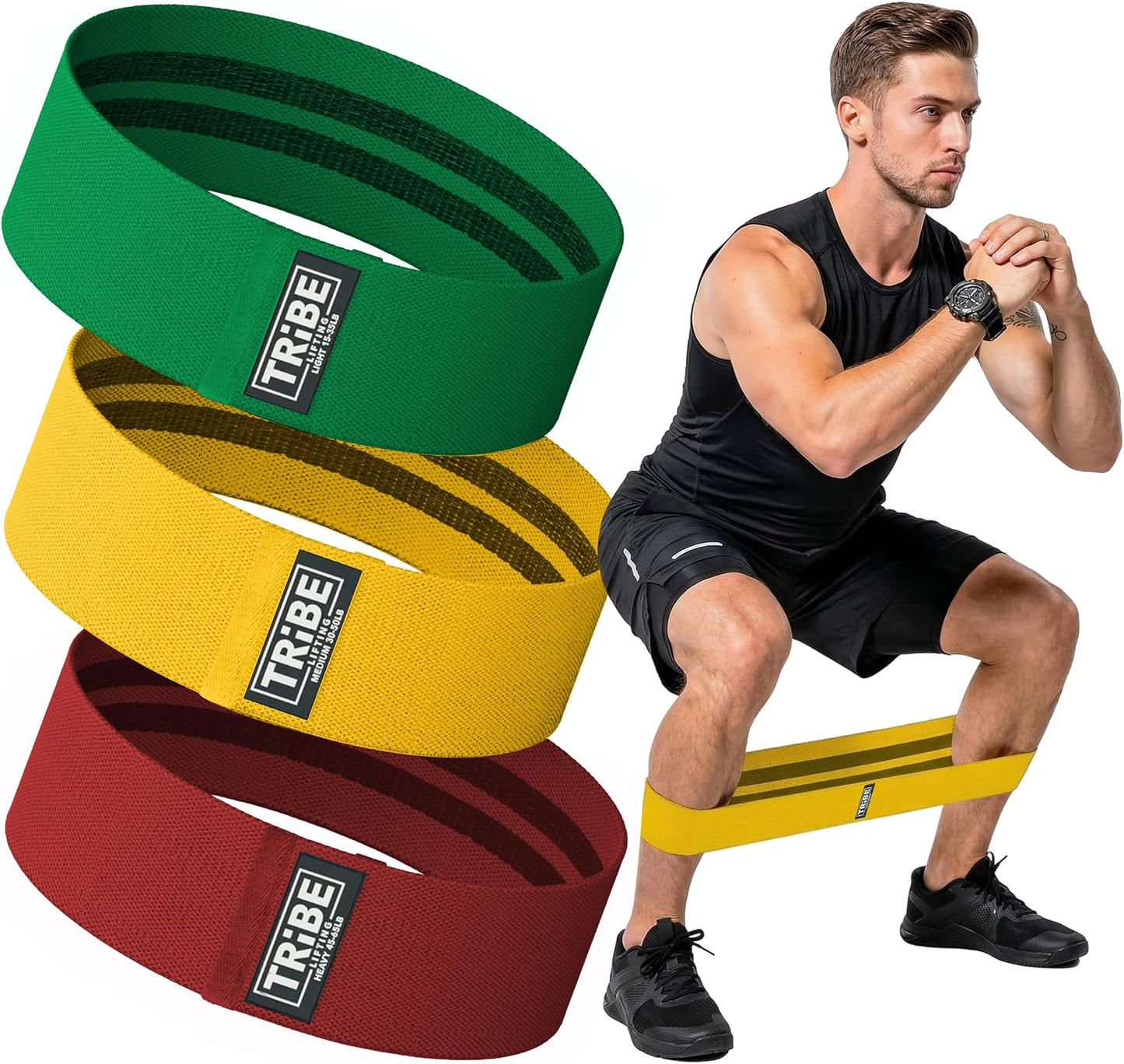 Tribe Lifting Resistance Bands for Working Out - 3 Pack Fabric Workout Bands for Women and Men - Booty Bands for Legs and Glute - Non Slip Exercise Bands Set for Squat Hip Thigh