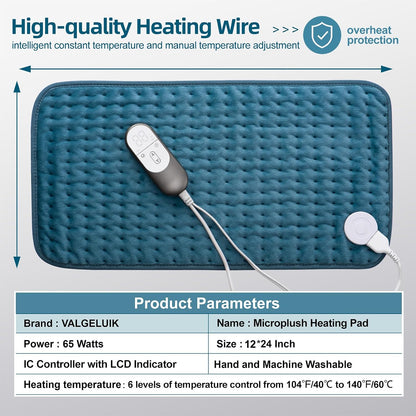 VALGELUIK Heating Pad for Back, Neck & Shoulder Pain Relief – 12"x24" Electric Heat Pad, Auto-Off, Machine Washable, Moist/Dry Heat Options – Thoughtful Mother's Day Gifts for Mom, Dad, Women & Men