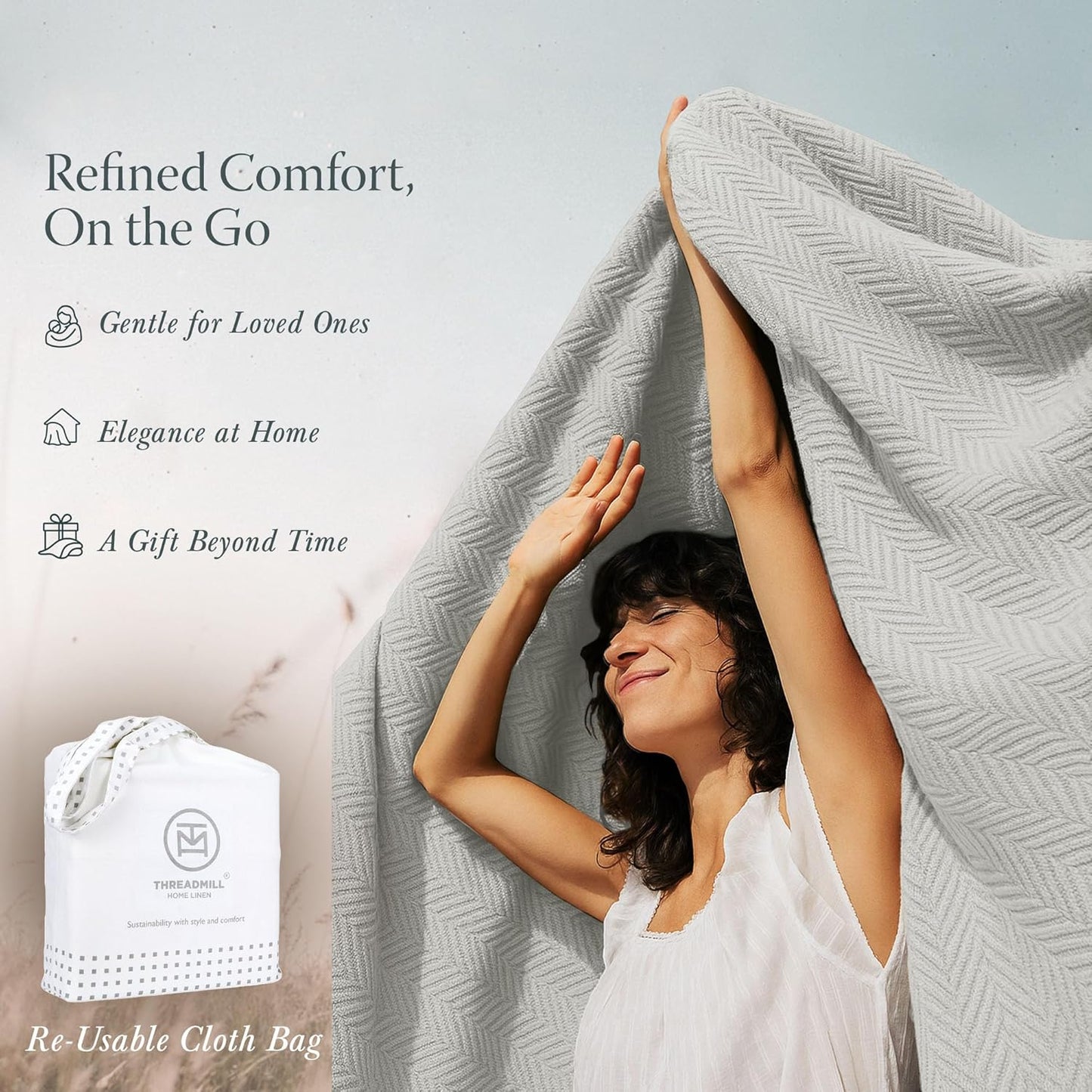 Threadmill Travel Blanket Cotton Viscose from Bamboo - Airplane Premium Soft Flight Grey Throw Blanket in Cloth Bag (Grey Color) Compact & Portable Blanket for Travel, Car, Picnic & Camping