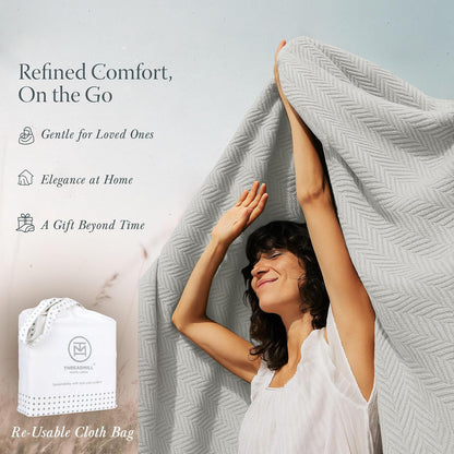 Threadmill Travel Blanket Cotton Viscose from Bamboo - Airplane Premium Soft Flight Grey Throw Blanket in Cloth Bag (Grey Color) Compact & Portable Blanket for Travel, Car, Picnic & Camping