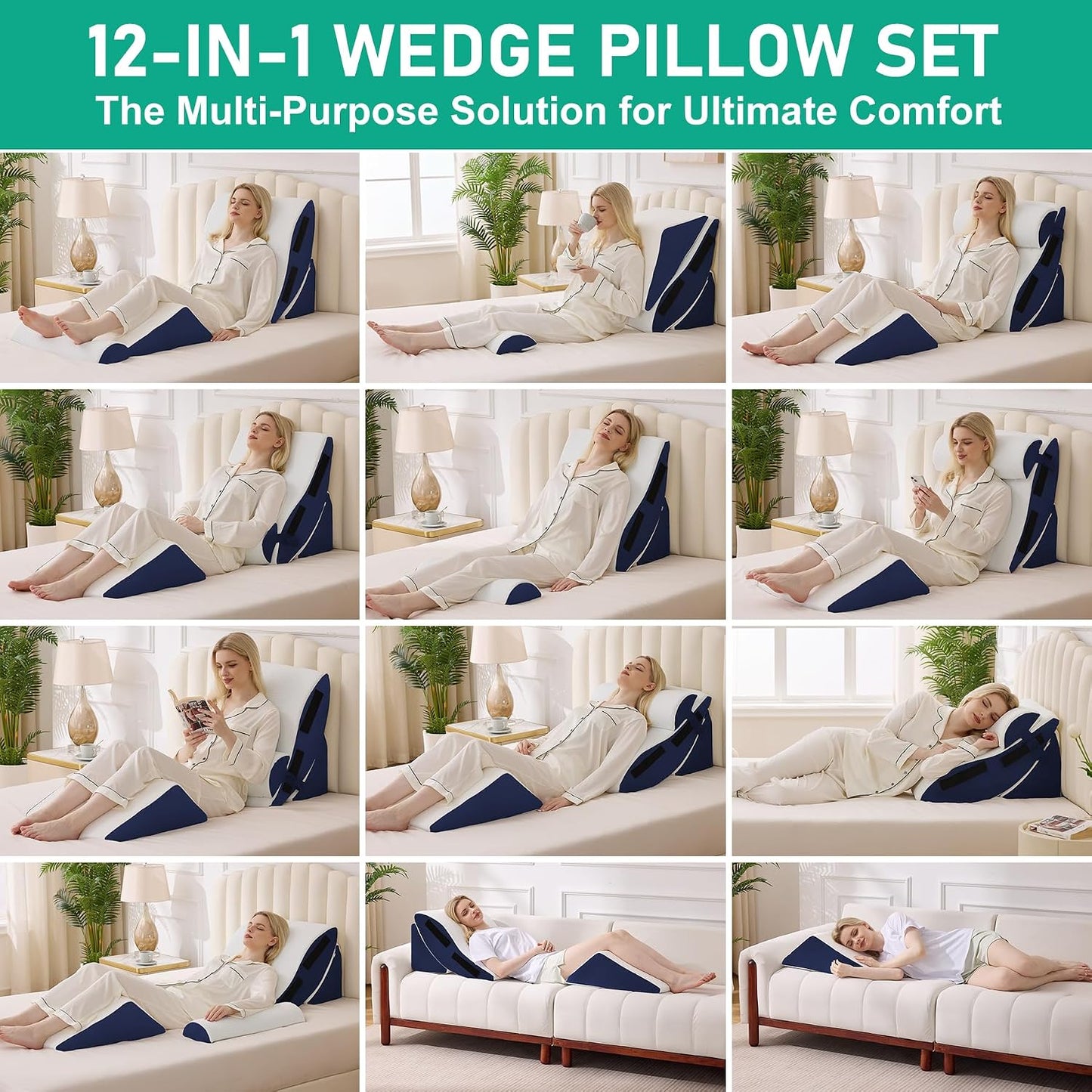4PCS Wedge Pillow Set for After Surgery, White/Grey