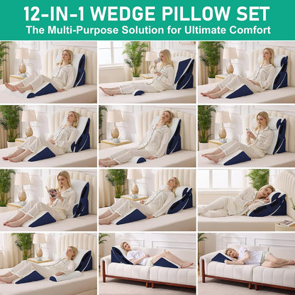 4PCS Wedge Pillow Set for After Surgery, White/Grey