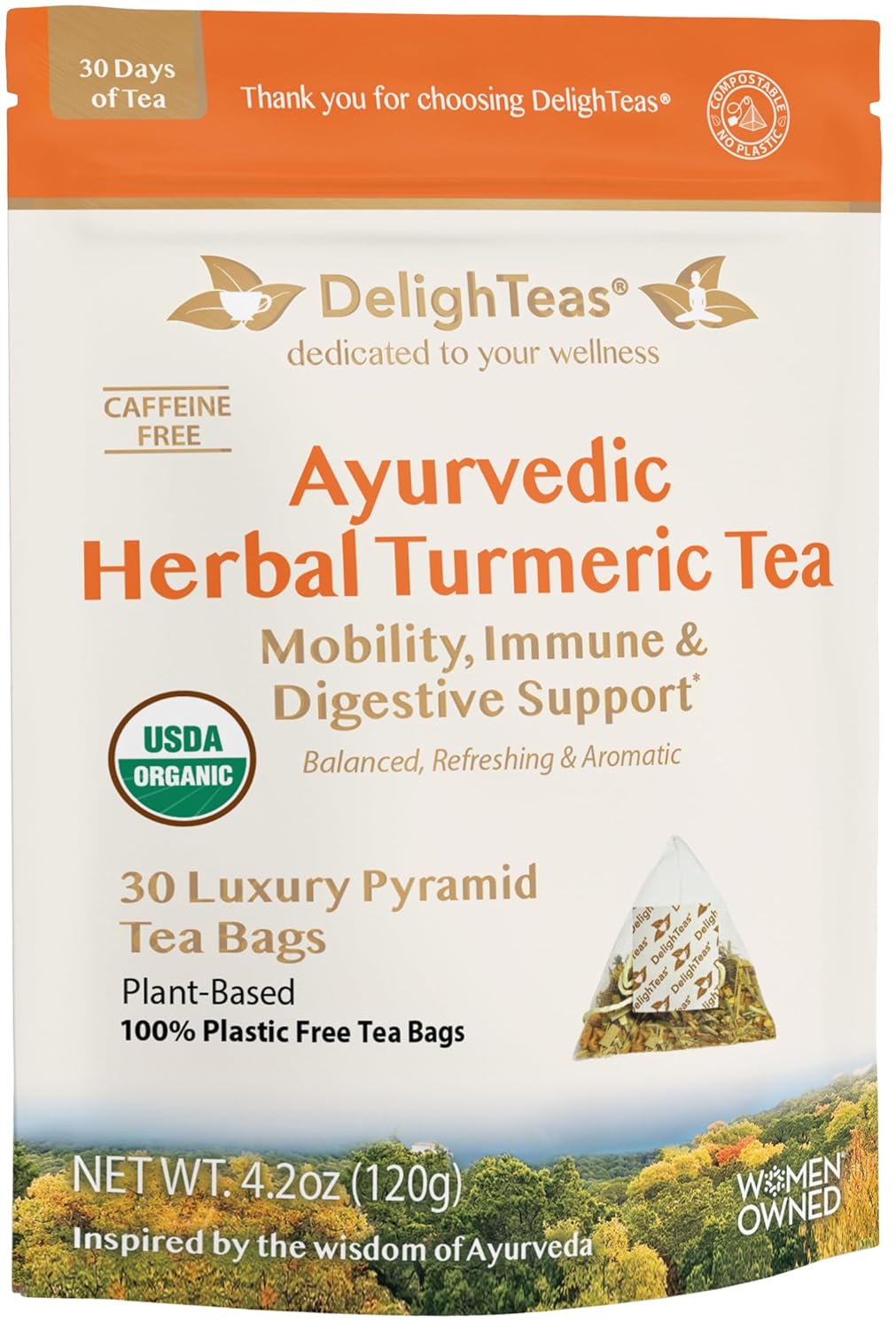 DelighTeas Ayurvedic Herbal Turmeric Tea Bags for Mobility Support | Eco-friendly Compostable Pyramid | Organic Turmeric, Ginger, Lemongrass & Licorice | Caffeine-Free, Kosher | 30 Tea Bags 4g Each