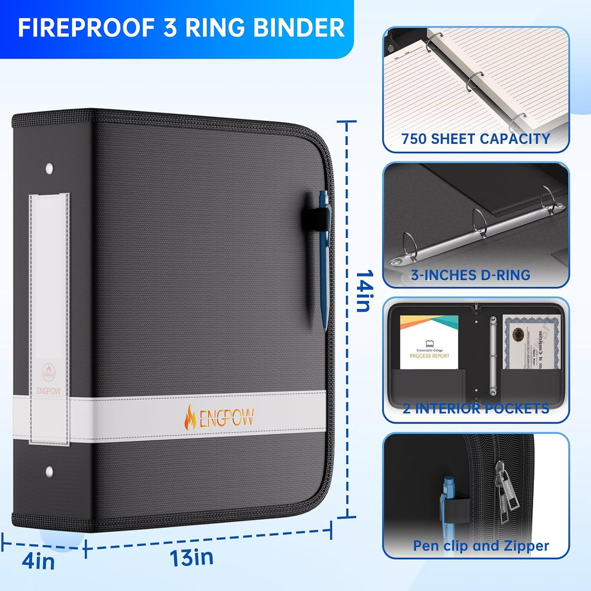 ENGPOW 3 Ring Binder,Fireproof 3 Inch D Ring Binder with Zipper,Holds 750 Sheets,Non-Stick,PVC-Free,Compatible with Clear Sheet Protectors,Portable School Office Home Safe Storage for Paper,Black