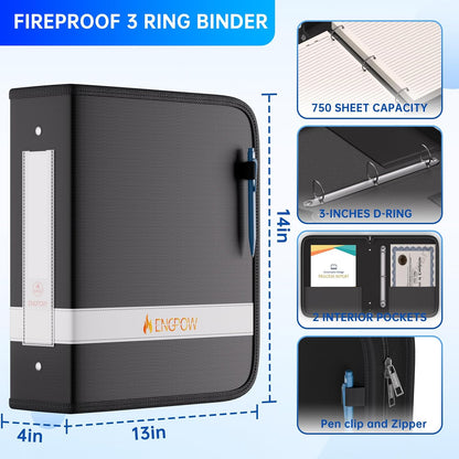ENGPOW 3 Ring Binder,Fireproof 3 Inch D Ring Binder with Zipper,Holds 750 Sheets,Non-Stick,PVC-Free,Compatible with Clear Sheet Protectors,Portable School Office Home Safe Storage for Paper,Black