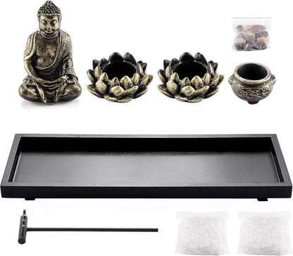 Jovivi Zen Garden Set Buddha Statue w/Tealight Candle Holder, Rocks & Incense Burner Holder & Wood Tray for Yoga Meditation Home Table Decor Gift