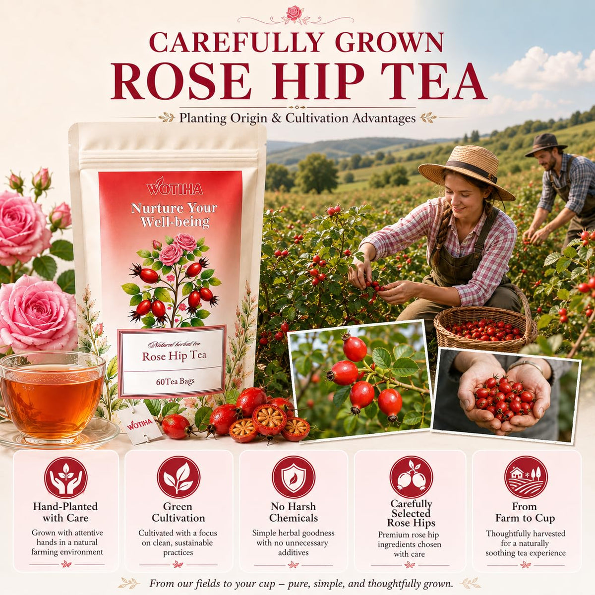 WOTIHA Rosehip Herbal Tea Bags, Caffeine-Free, 60 Count