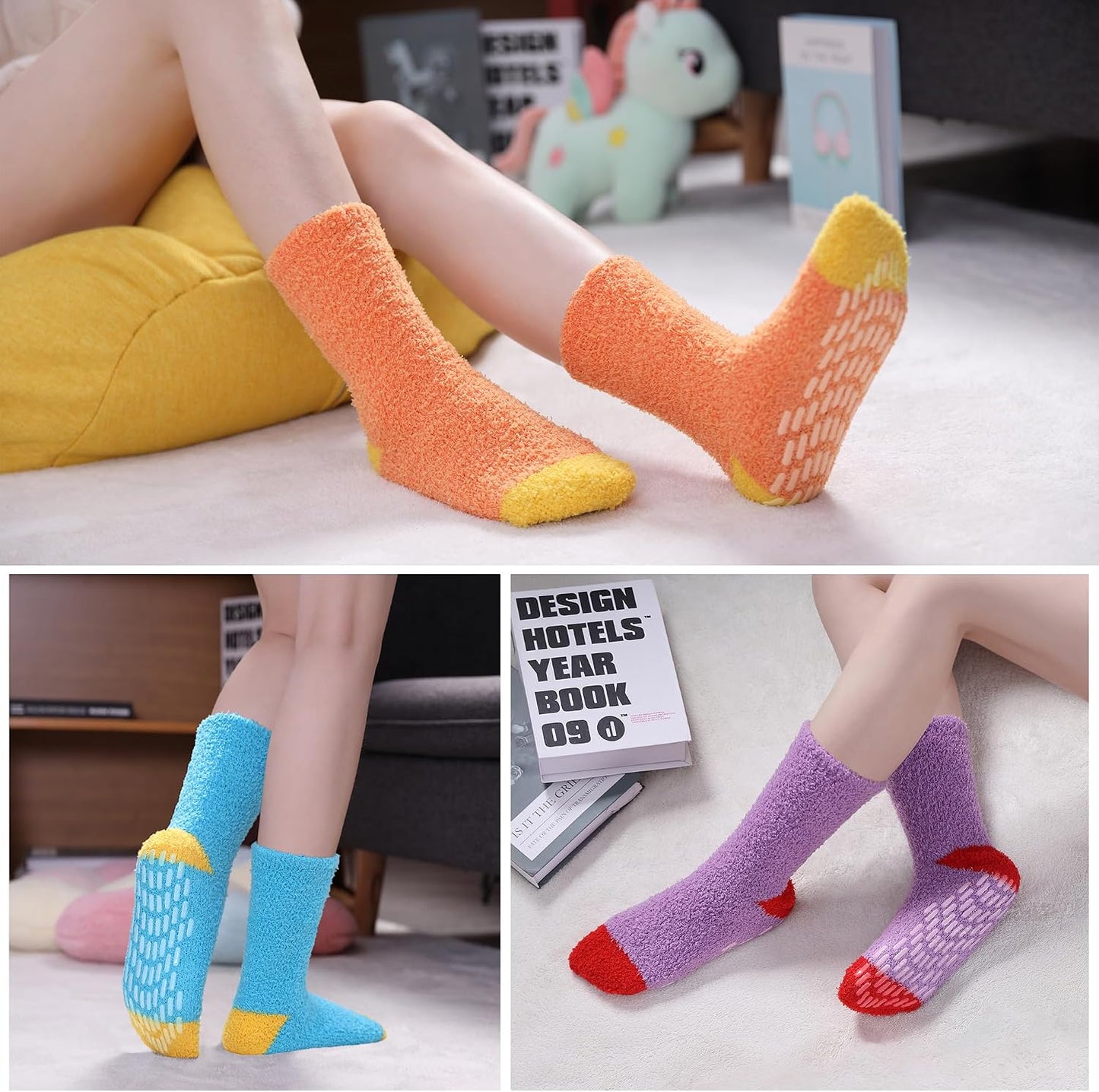 MQELONG Non Slip Hospital Socks with Grips for Women Winter Warm Cozy Fuzzy Slipper Soft Fluffy Sleep Socks