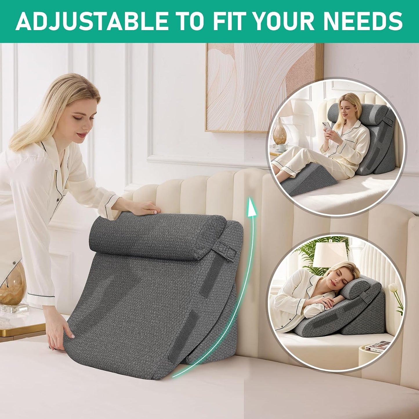 4PCS Wedge Pillow Set for After Surgery, White/Grey