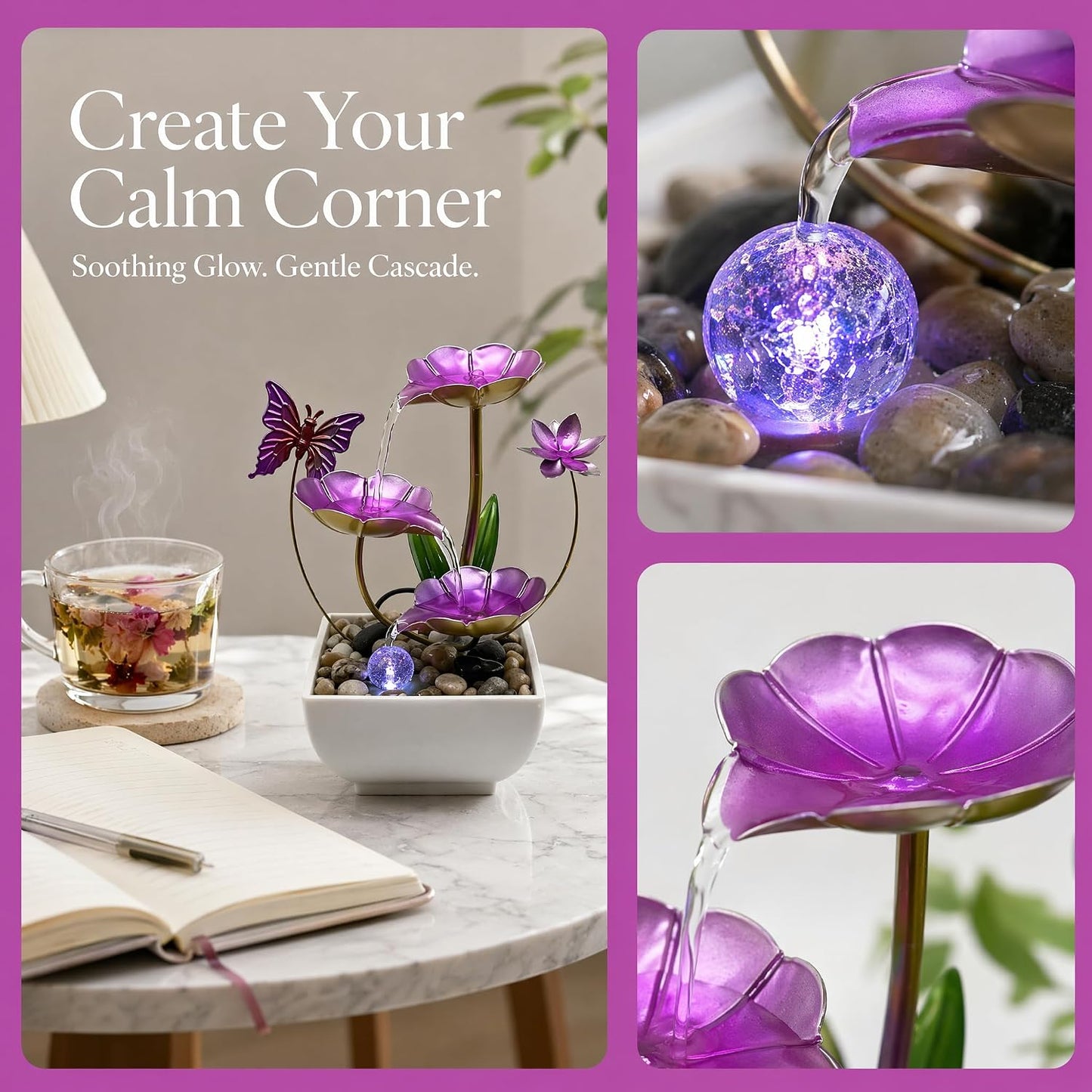 Tabletop Fountain,Indoor Water Fountain,Home Fengshui Décor Zen Relaxation Soothing Sound Machine for Office,Living Room,or Bedroom,Green Lotus,Hummingbird & Pink Flower,9.1inch