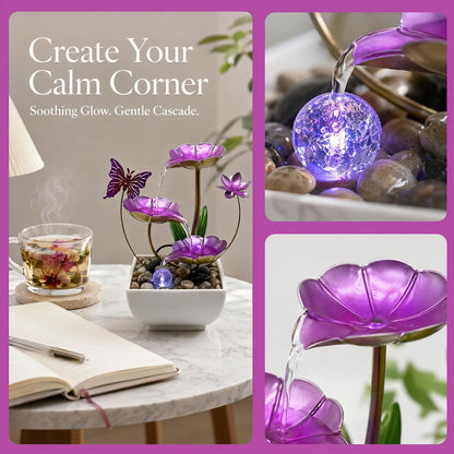 Tabletop Fountain,Indoor Water Fountain,Home Fengshui Décor Zen Relaxation Soothing Sound Machine for Office,Living Room,or Bedroom,Green Lotus,Hummingbird & Pink Flower,9.1inch