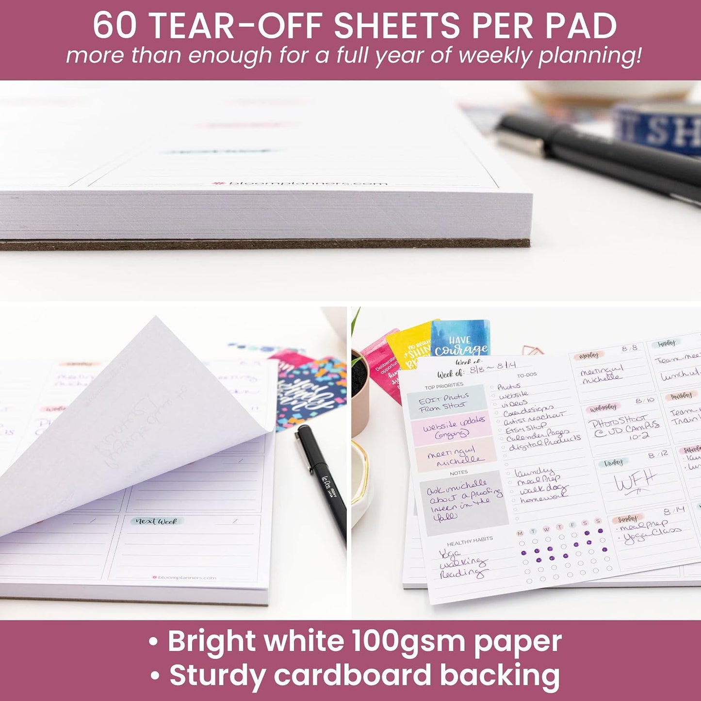 bloom daily planners Horizontal Weekly To Do List Notepad with 60 Undated Sheets - Weekly Desk Planner or Chore Pad with Priorities & Habit Tracker - 8.5” x 11” - Pastel