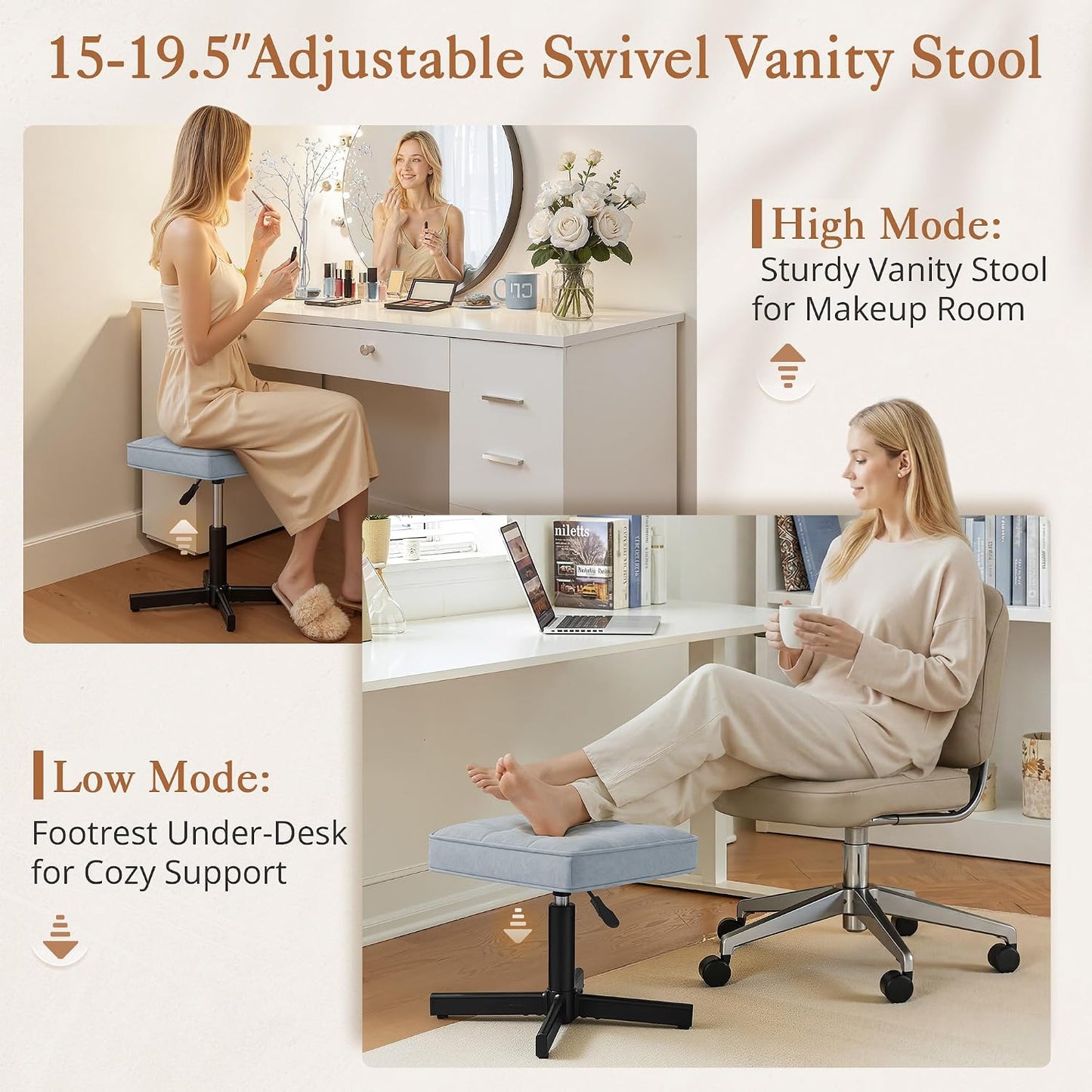 LUE BONA Adjustable Vanity Stool, Foot Rest Under Desk, 360° Swivel Vanity Chair for Makeup Room, Black Upholstered Faux Leather Ottoman for Bathroom & Living Room, 300lbs