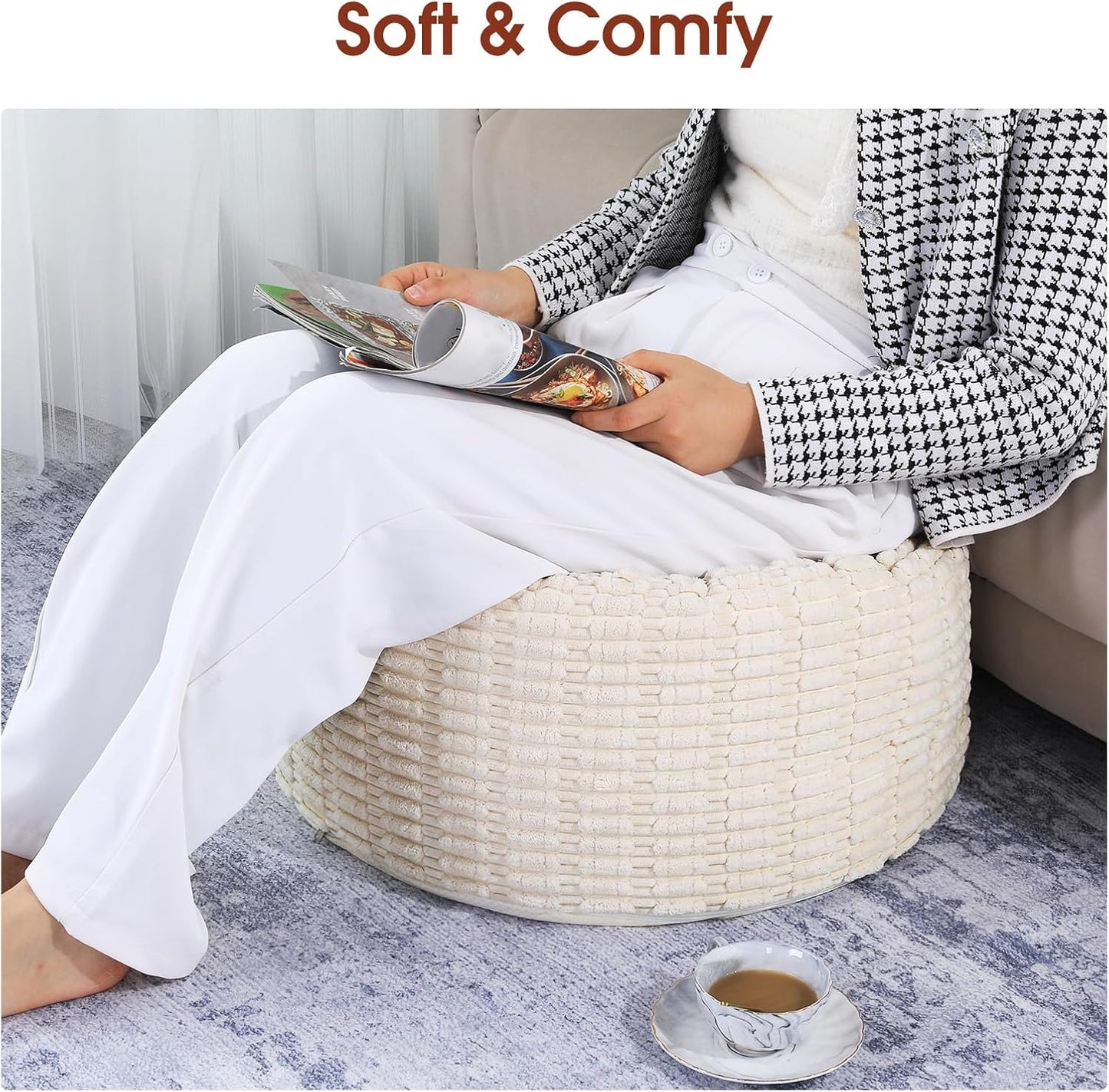 HOMBYS Unstuffed Ottoman Pouf Cover,Round Faux Fur Foot Stool, Fuzzy Chair, Floor Bean Bag(No Filler),Foot Rest with Storage for Living Room, Bedroom, Office, Striped Tufted (Beige)