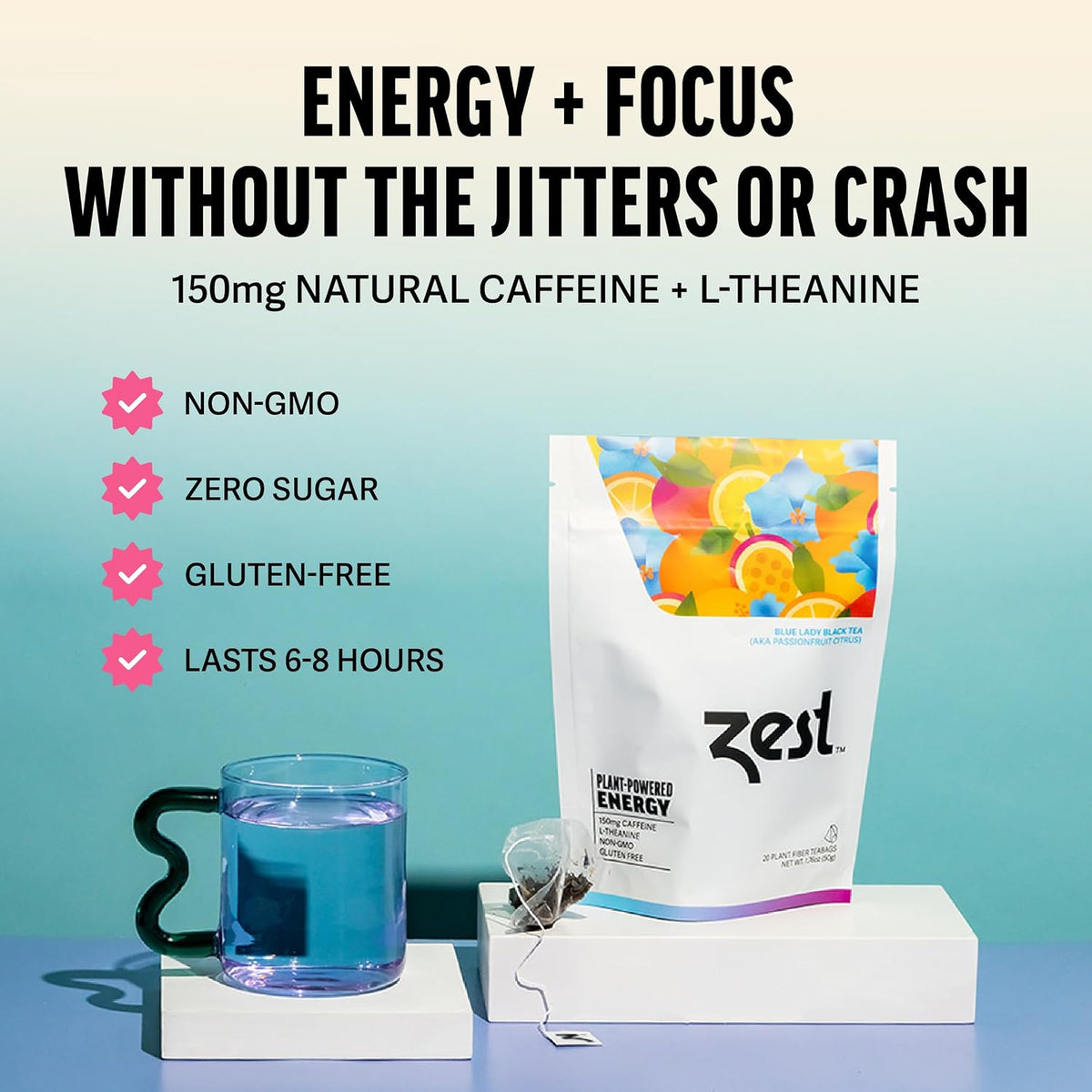 Zest Energy Tea Bags – Blue Lady Passion Fruit Black Tea – High Caffeine Tea for Morning Energy, Focus & Clarity – Natural Caffeinated Tea with 150mg Caffeine – 20Ct Pack – Non-GMO & Keto Friendly